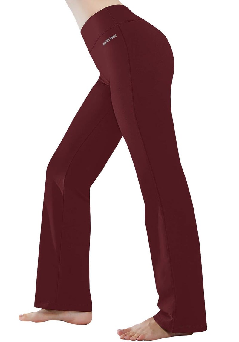 HISKYWIN Inner Pocket Yoga Pants 4 Way Stretch Tummy Control Workout Running Pants, Long Bootleg Flare Pants HF2-Bordeaux-XXL - Image 1